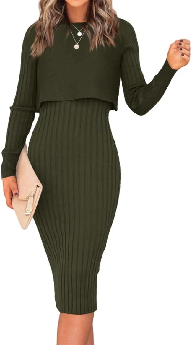 Ezbelle Women’s Long Sleeve Sweater Dresses 2 Piece Outfits Sets Ribbed Knit Crop Tops and Tank Bodycon Midi Dress Ezbelle Women’s Long Sleeve Sweater Dresses 2 Piece Outfits Sets Ribbed Knit Crop Tops and Tank Bodycon Midi Dress