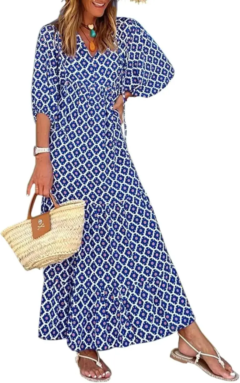 miduo Womens Loose Fit Casual Summer V Neck Half Sleeve Bohemian Geometric Pattern Maxi Long Dresses