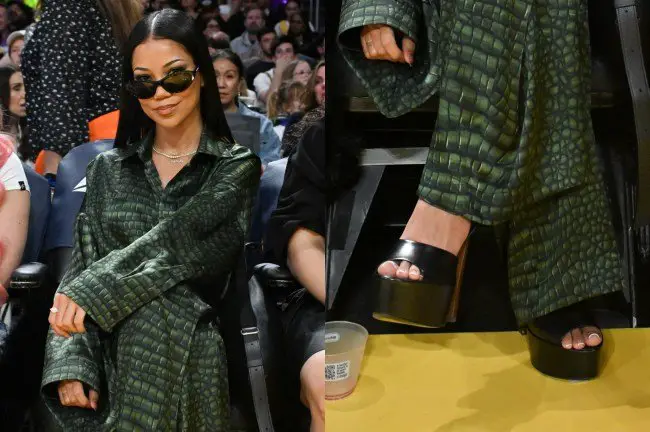Jhené Aiko Shows Off Bold Saint Laurent Sandals at Lakers Game