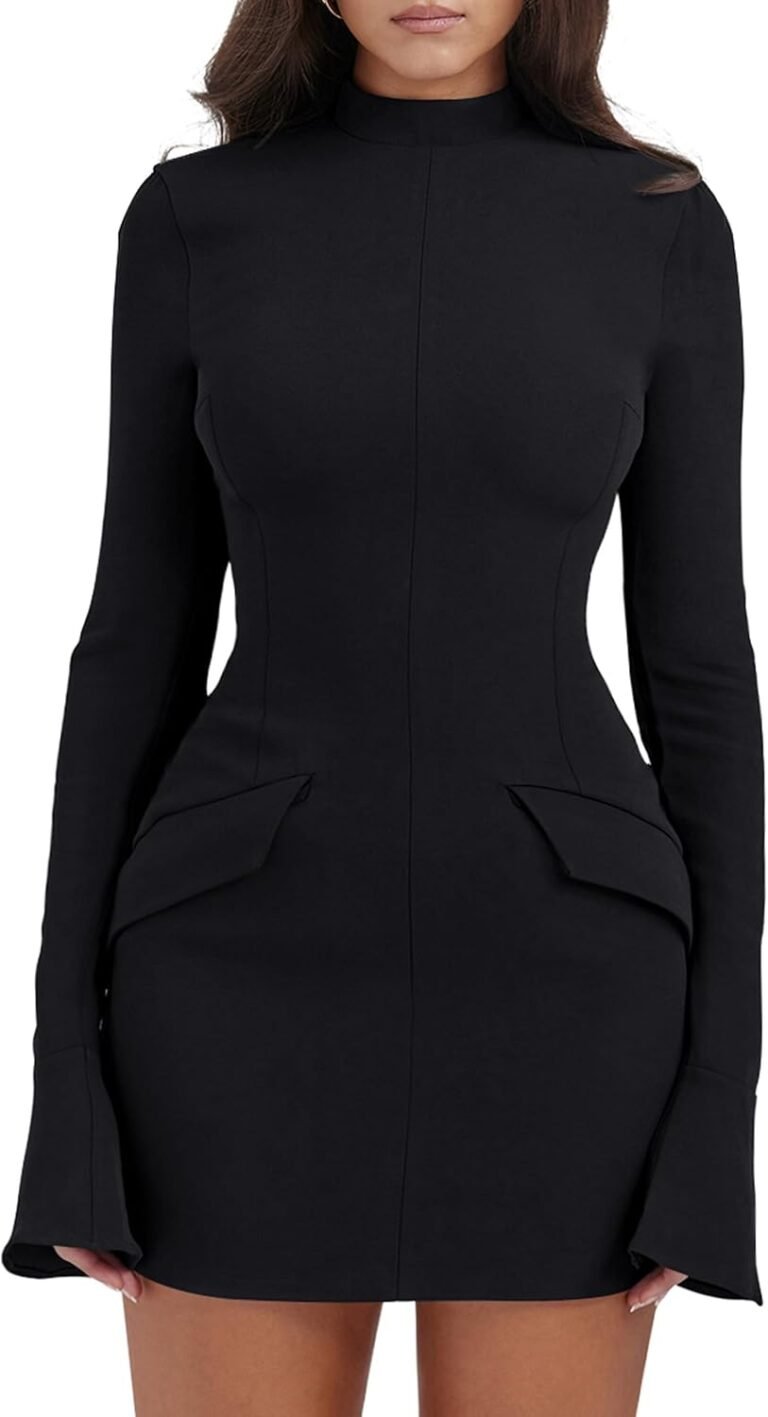YMDUCH Women’s Long Sleeve Mock Turtle Neck Bodycon Mini Tank Short Party Dress