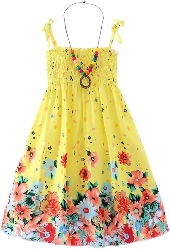 Girls Bohemian Dresses Floral Sleeveless Rainbow Beach Sundress with Necklace 2-12T Girls Bohemian Dresses Floral Sleeveless Rainbow Beach Sundress with Necklace 2-12T