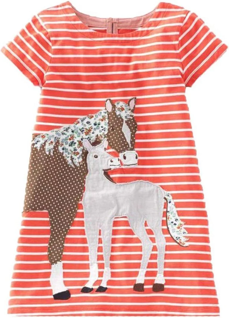 Youlebao Girls Cotton Long Sleeve Casual Cartoon Appliques Striped Jersey Dresses Youlebao Girls Cotton Long Sleeve Casual Cartoon Appliques Striped Jersey Dresses