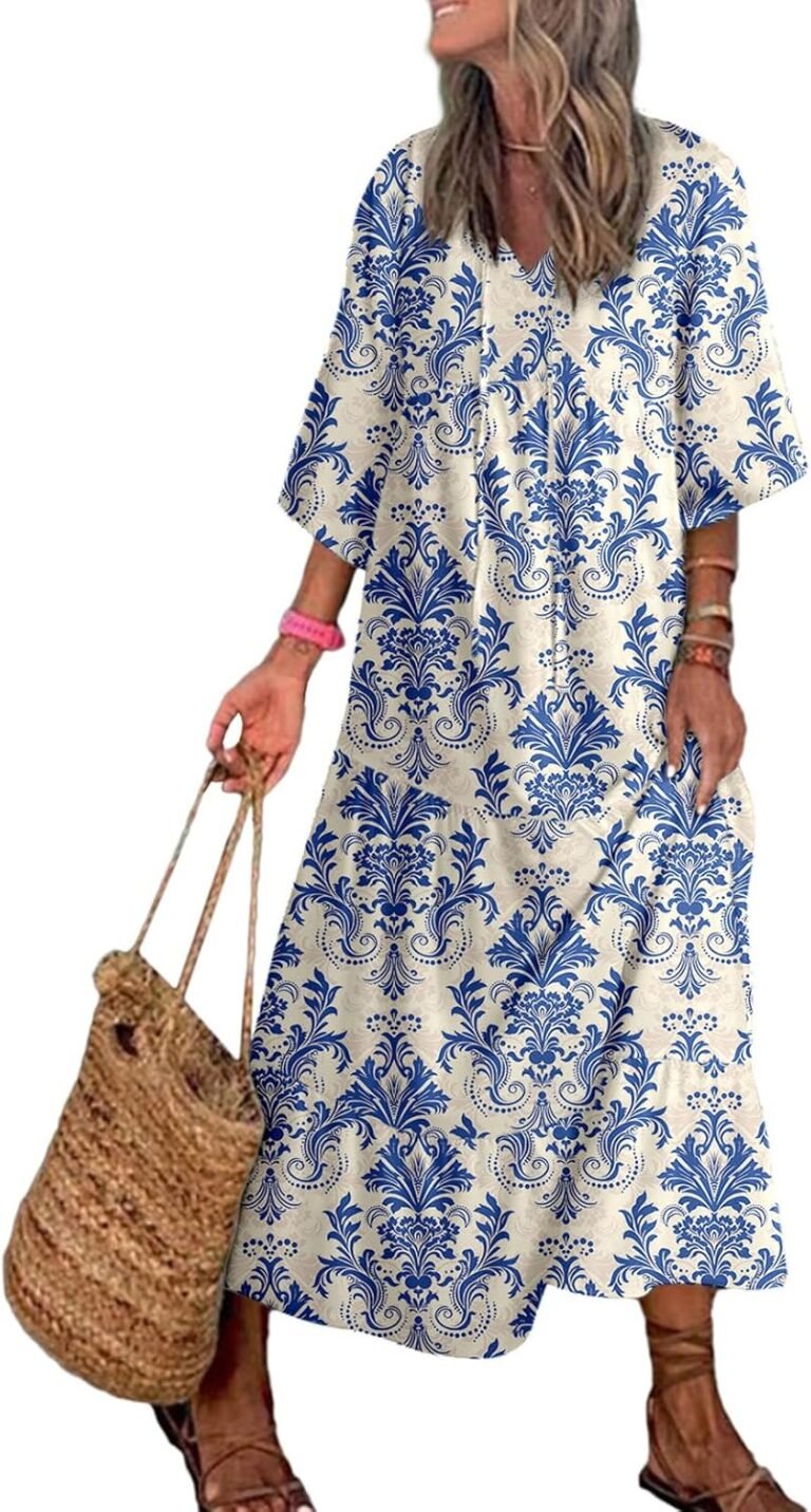Dokotoo Women Boho Maxi Dresses 2024 V Neck Long Puff Sleeve Smocked Ruffle Flowy Casual Dress