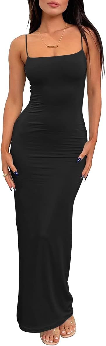 LILLUSORY Womens Summer Casual Slip Dresses Spaghetti Strap Double Lined Bodycon Maxi Dress