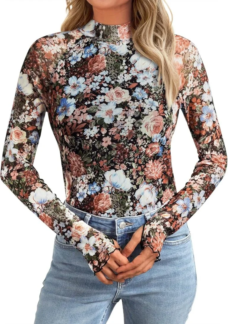 AUTOMET Lace Long Sleeve Floral Mesh Mockneck Going Out Tops for Women Spring Fashion Outfits 2025