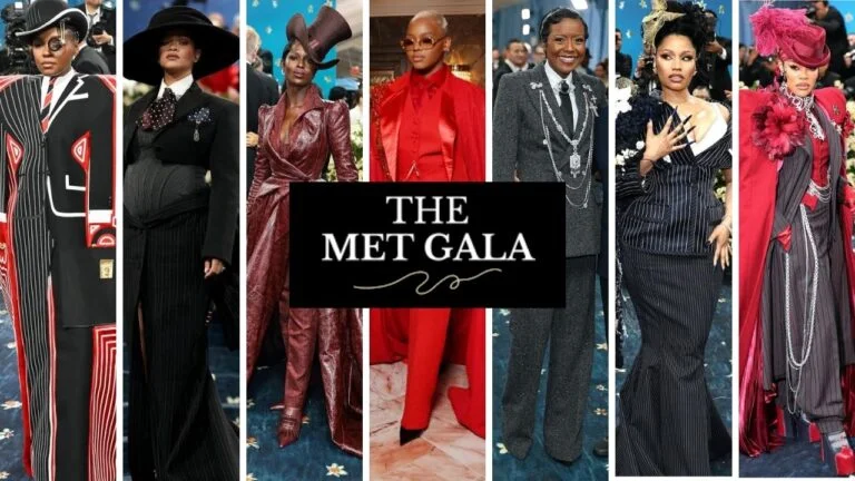 Top 10 Best-Dressed Celebs at the 2025 MET Gala: Janelle Monae in a Red and Black Thom Browne Tuxedo, Rihanna in a Black Marc Jacobs Look, Jodie Turner in a Maroon Burburry Leather Set, & Claire Sulmers in a Red Deji & Kola Custom Suit