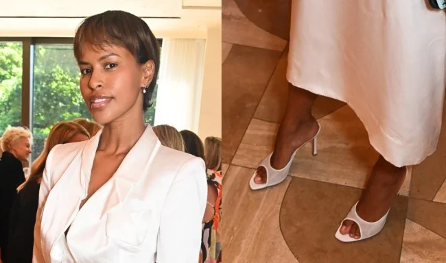 Sabrina Elba Pops On Flattering White Mesh Pumps At Luncheon In London