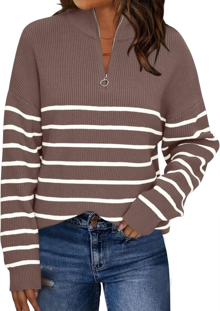 LILLUSORY Women’s Quarter Zip Striped Oversized Sweater Mock Turtleneck Pullover Fall Fashion Outfit Winter Trendy Clothes
