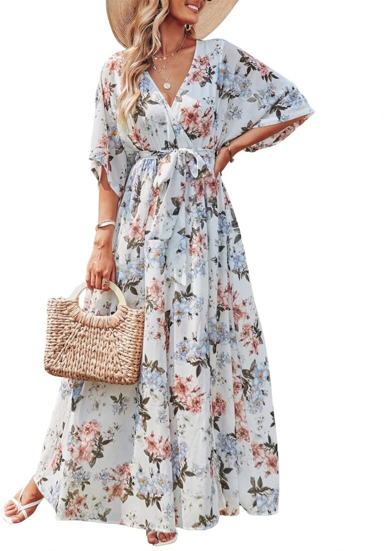 ANRABESS Women’s Summer Loose Boho Flowy Wrap V Neck 3/4 Sleeve Floral Print Slit Beach Wedding Guest Long Maxi Dresses