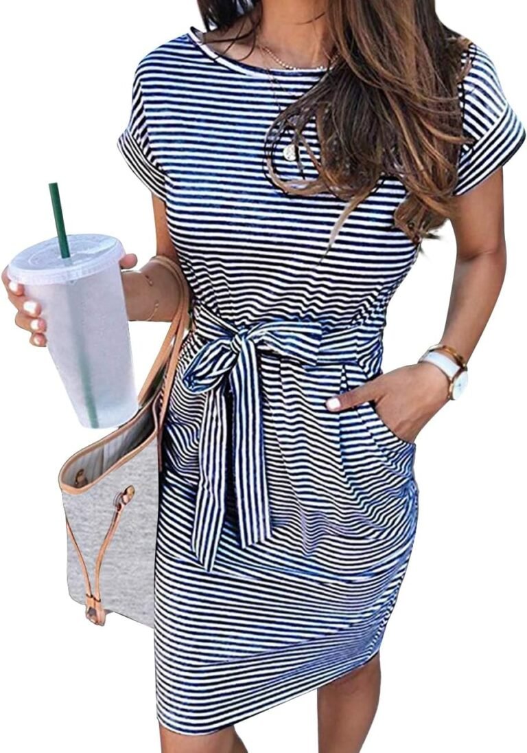 MEROKEETY Women’s Summer Striped Short Sleeve T Shirt Dress Casual Tie Waist with Pockets