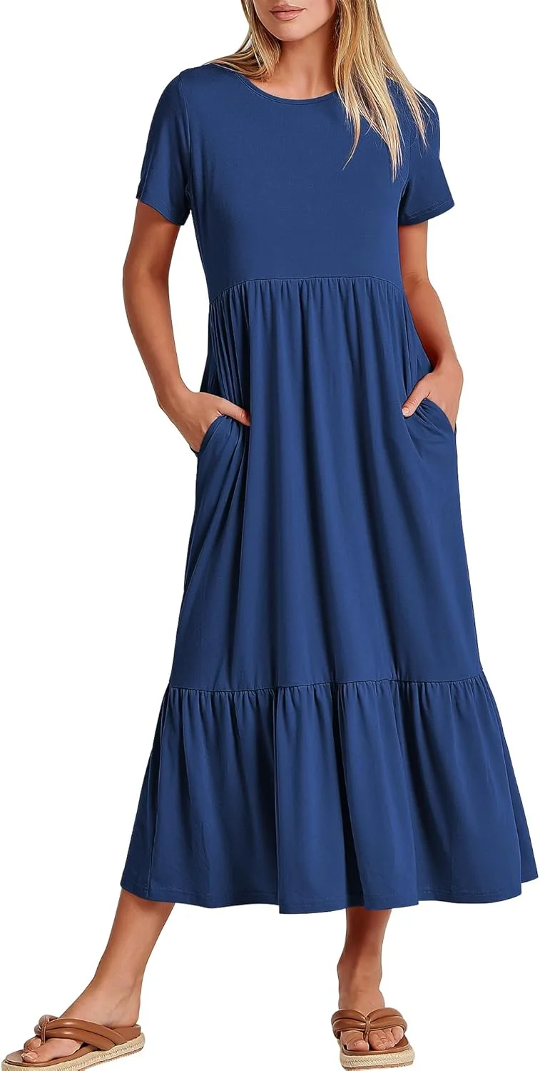 ANRABESS Womens 2025 Summer Casual Maxi Dress A line Tiered Flowy Short Sleeve Crewneck T Shirt Beach Travel Long Dresses