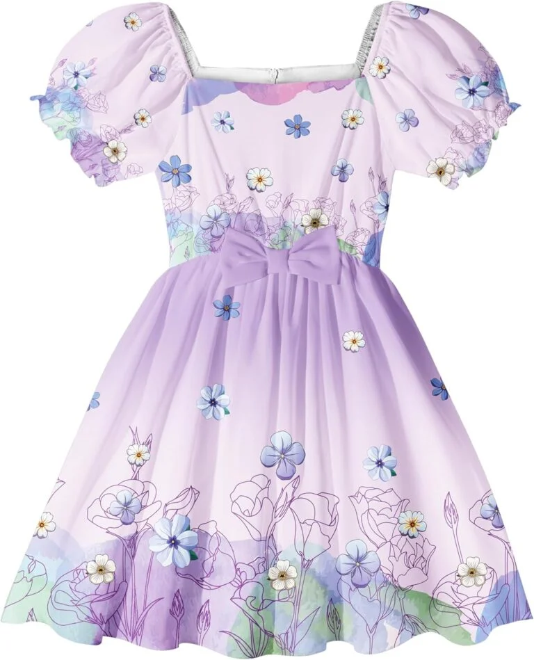 LQSZ Cartoon Summer Floral Dress Chiffon Puff Sleeves Square Neck Birthday Party Tutu Dress for Girls 2-12 Years