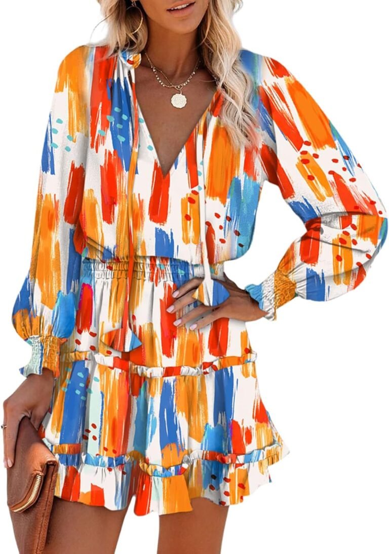 Dokotoo Summer Dresses for Women 2025 Boho Floral Drawstring V Neck Smocked Long Sleeve Ruffle Tiered Chiffon Mini Dress