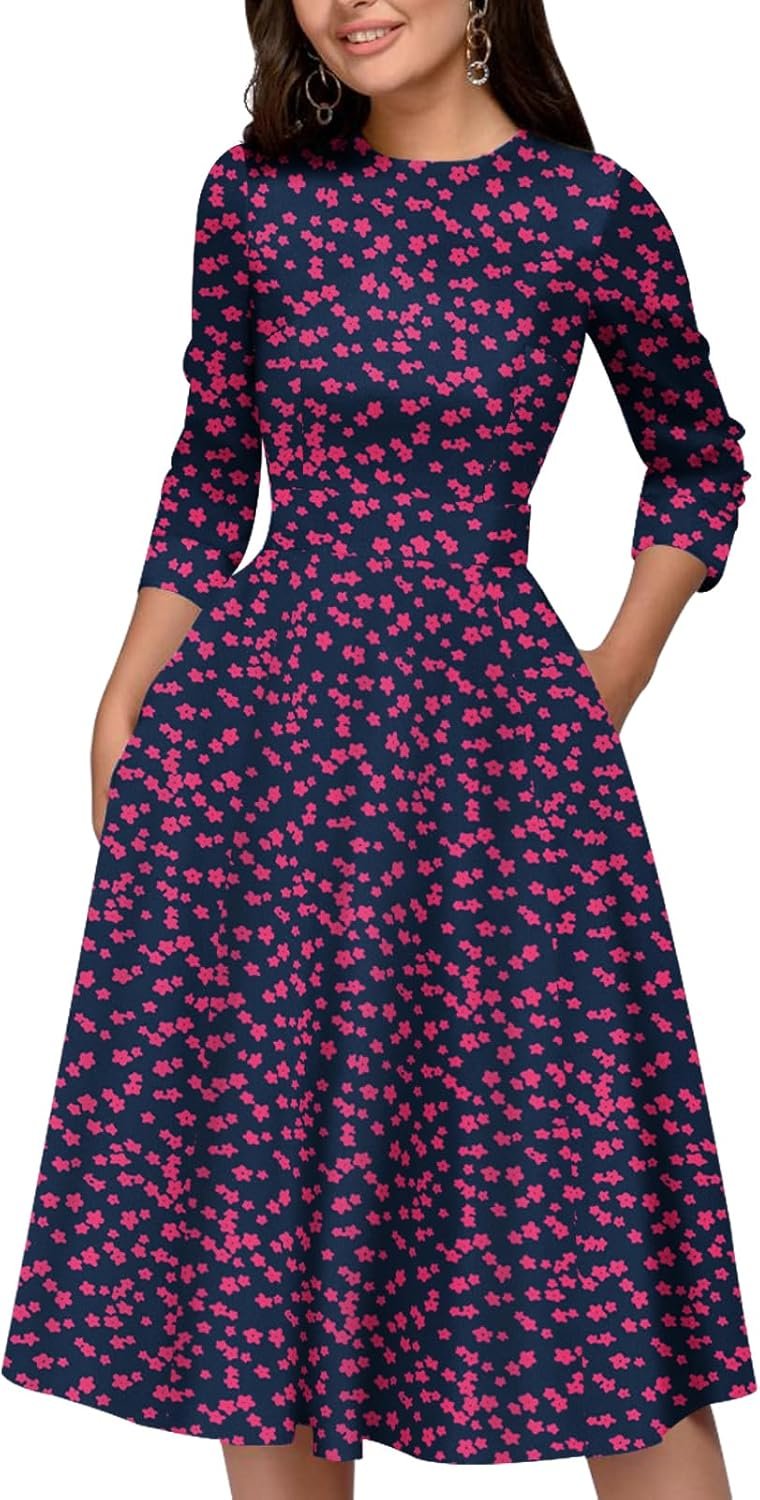Simple Flavor Women’s Floral Vintage Dress Elegant Midi Evening Dress 3/4 Sleeves