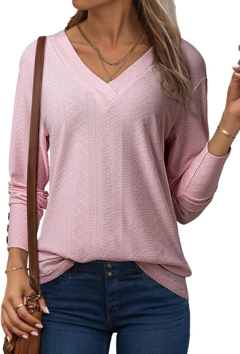 Dokotoo Women Blouses Dressy Casual V Neck Long Sleeve Shirts Buttons Hollow Out Lace Embroidered Tops