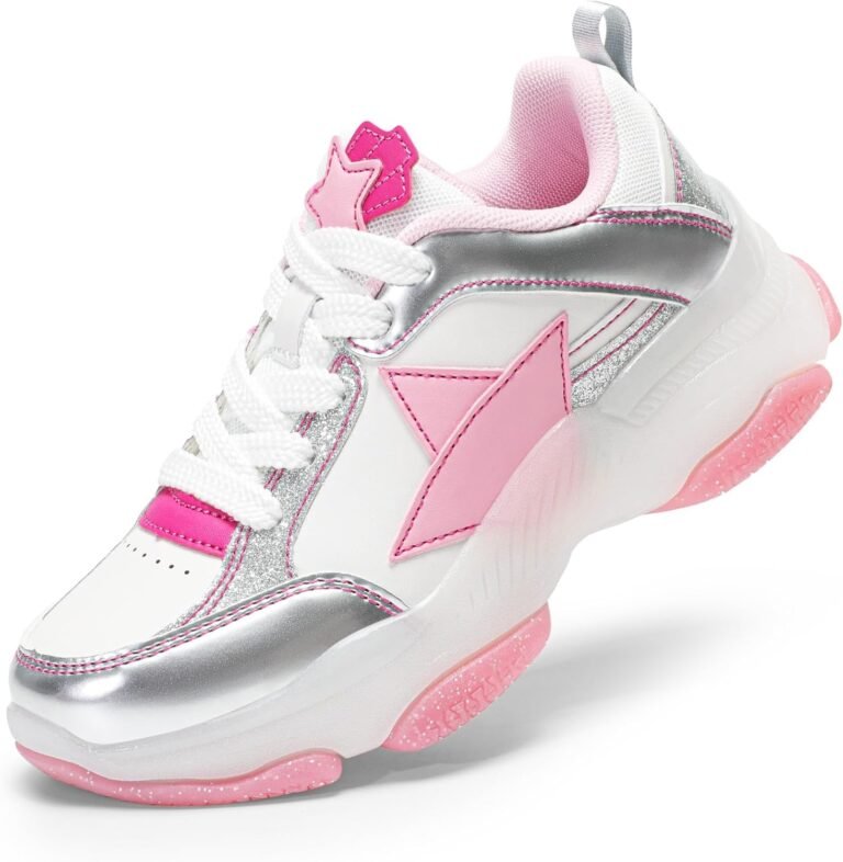 DREAM PAIRS Girls Sneakers Lace up Lightweight Sparkle StarGlow Breathable Jelly Sole Kids Walking Shoes Casual Sports