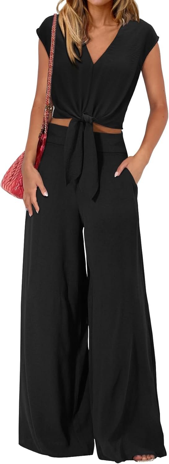 PRETTYGARDEN Women’s Summer 2 Piece Outfits 2025 Cap Sleeve V Neck Belted Crop Tops Wide Leg Pant Sets Casual Tracksuit