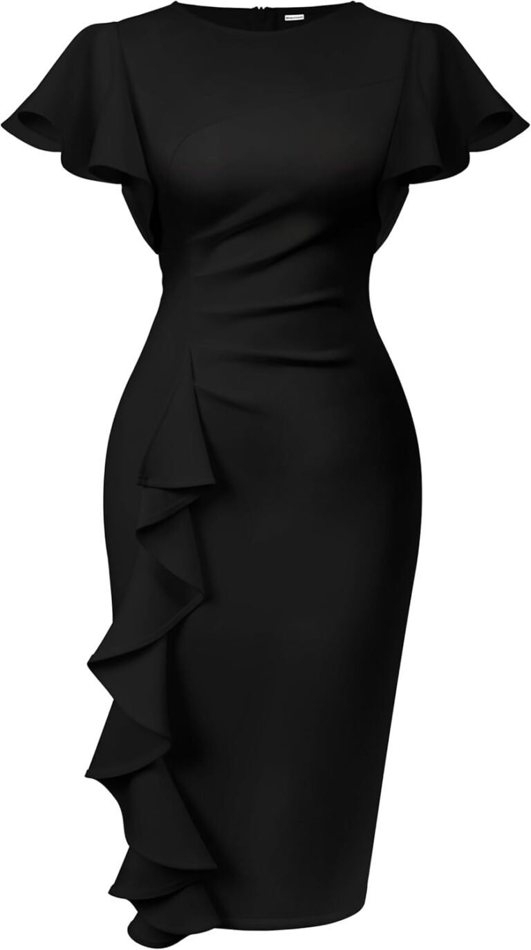 Memoriesea Women’s Vintage Church Ruffle Sleeve Ruched Bodycon Work Midi Pencil Dress