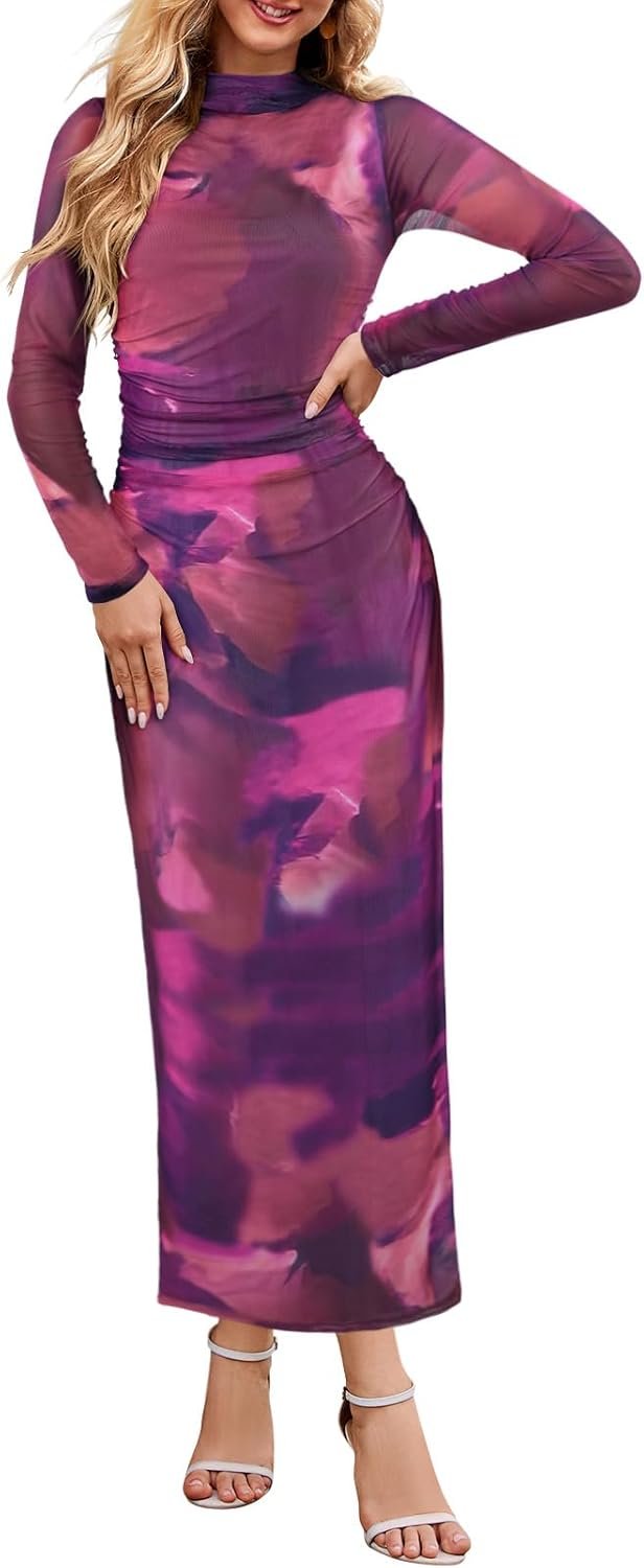 MEROKEETY Women’s Long Sleeve Fall Wedding Guest Dress 2025 Bodycon Floral Mesh Ruched Cocktail Maxi Dresses