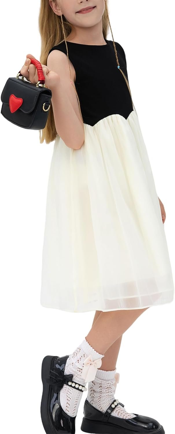 Girls Summer Dresses,Kids Cute Mid-Length Casual Sundress,Children’s Lace-up Back Strapless French Dress,Size:4-12T.