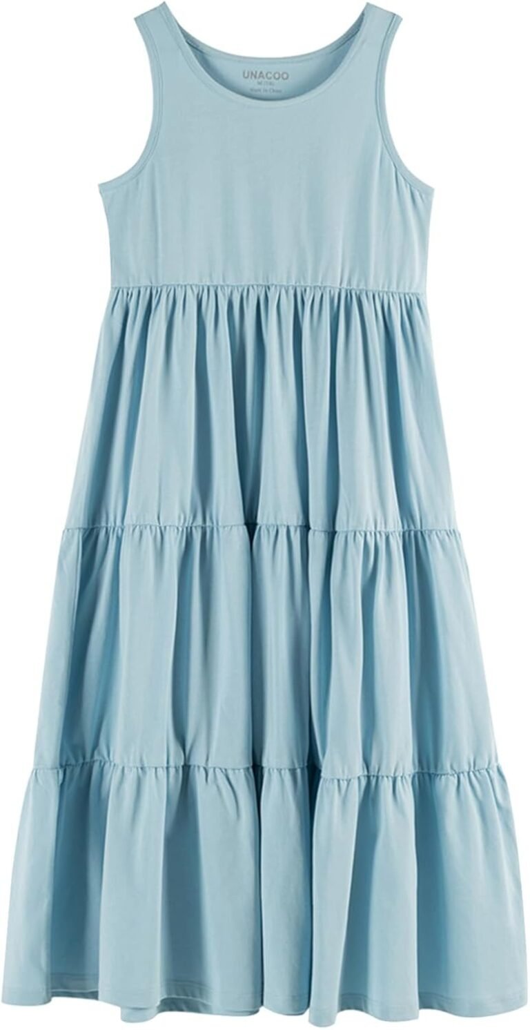 UNACOO Kids Girls 100% Cotton 1 or 2 Packs Sleeveless Long Maxi Tiered Dress (Age 3-12 Years)