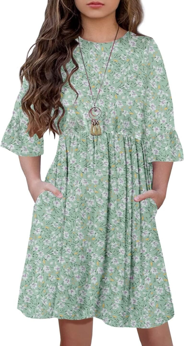 HOSIKA Girls Midi Dress Floral 3/4 Sleeve Ruffle A-line Swing Casual Dresses with Pockets for Kids 6-12 Years