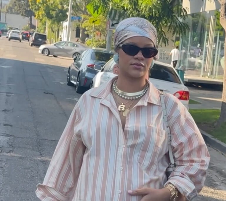 Rihanna Spotted in LA Wearing a Striped Savage x Fenty Pajama Set and Blush Satin Maison Margiela Tabi Ballet Flats