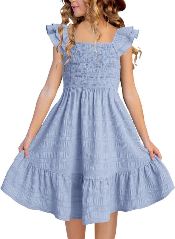Girls Summer Dresses Cute Double Layer Ruffle Sleeve Smocked Flowy Dress 6-15 Years