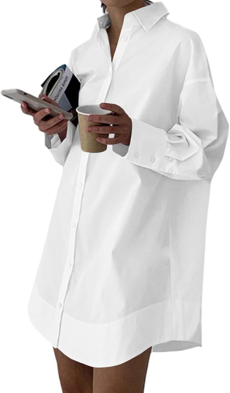 LYANER Women’s Casual Shirt Dress Collar V Neck Button Down Loose Long Sleeve Mini Dresses