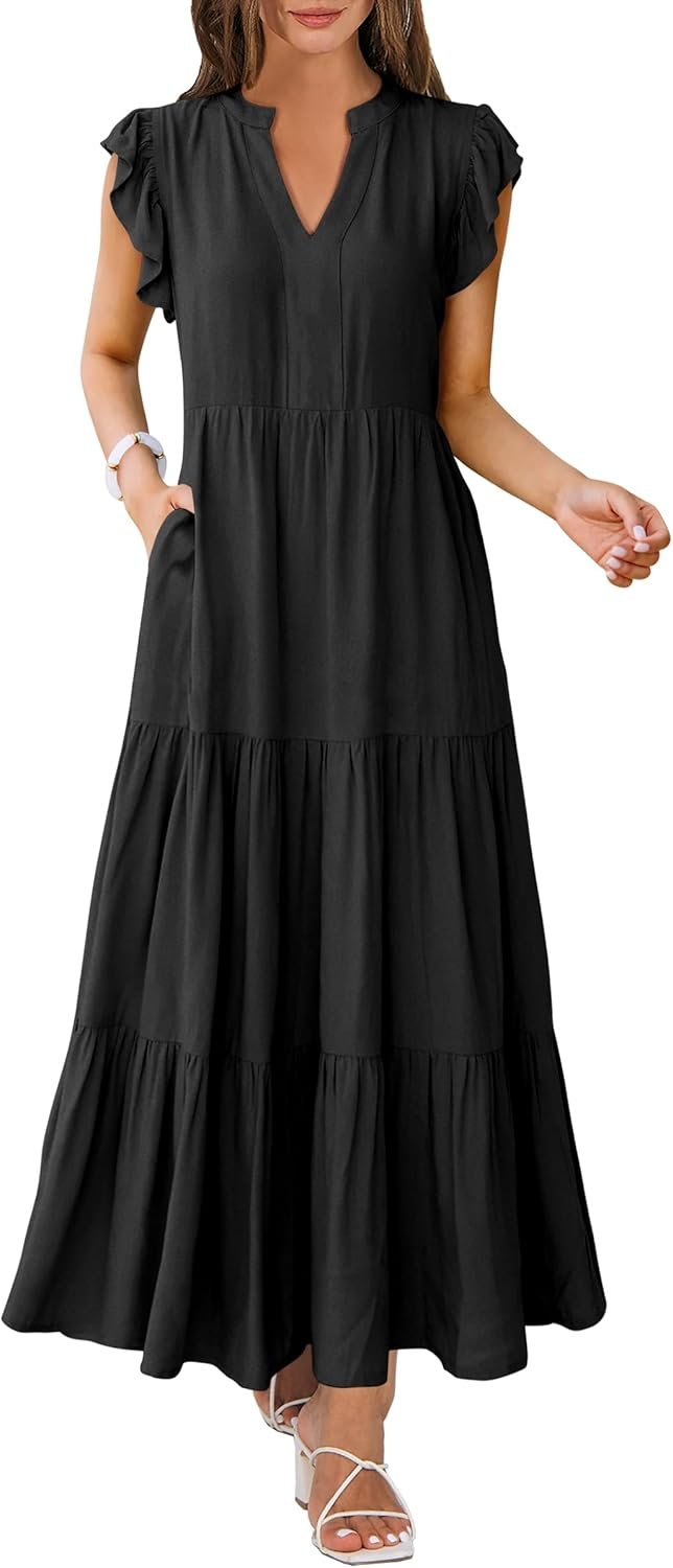 ANRABESS Womens Summer Casual Maxi Dress V Neck Ruffle Sleeve Long Dresses Fashion Flowy Tiered Boho Beach Vacation Sundress