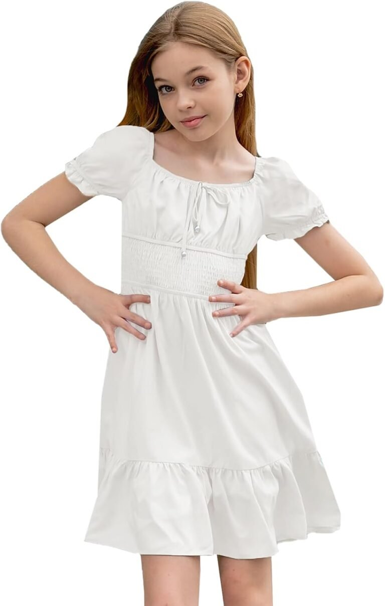 Simplee kids Girls Dresses Off The Shoulder Summer Tween Dress Smocked Ruffle Puff Sleeves Dresses for Girl Kids 4-15 Years