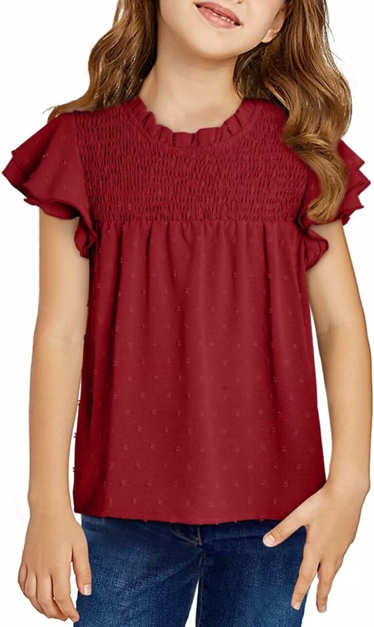 Girls Shirts Pleated Crewneck Ruffled Short Sleeve Tops Cute Swiss Dot Blouse