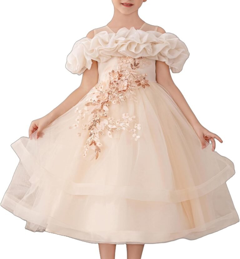 Girls’ Special Occasion Dresses with Cloud Shoulder Design, Mid-Length Easter Dress for Girls