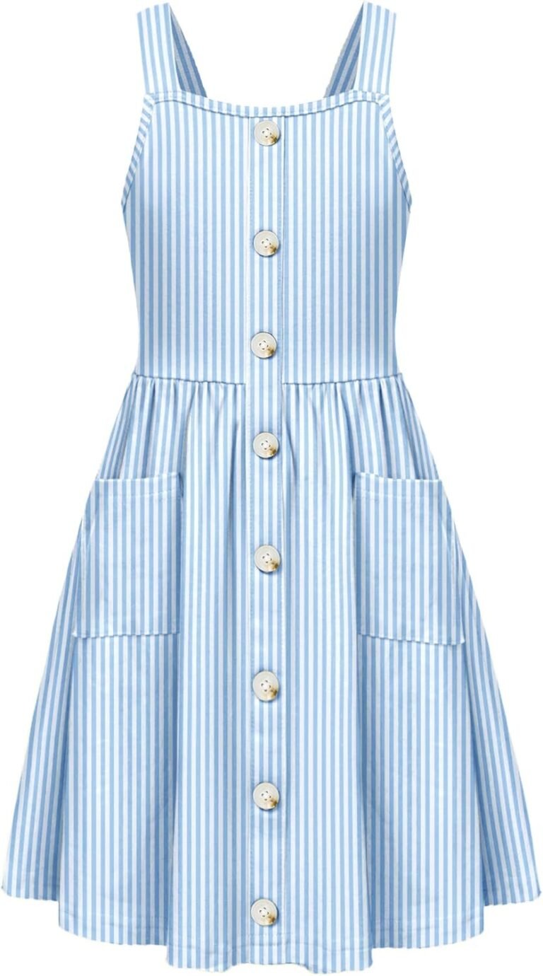 Arshiner Girl’s Spaghetti Strap Button Down Midi Sleeveless Summer Casual Sundress A-line Dress with Pockets