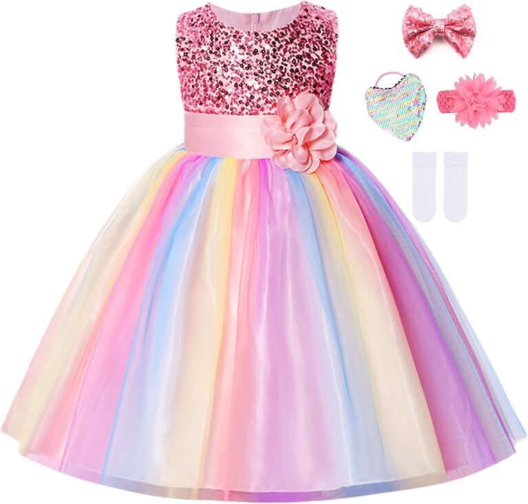 Little Girl’s Sequin Sleeveless Mesh Rainbow Party Wedding Flower Dress with Accessories
