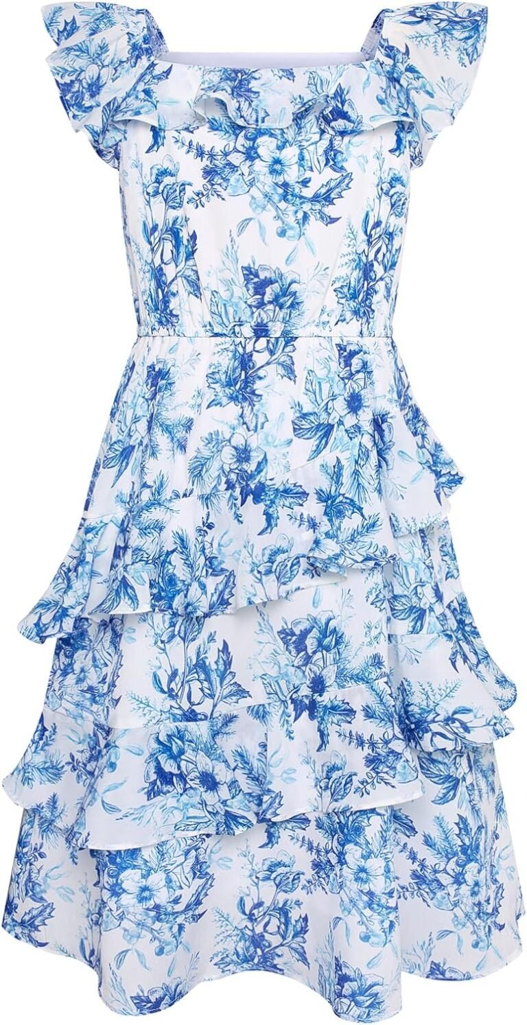 GRACE KARIN Girls Summer Dress A-line Square Neck Floral Ruffle Dress for Girls Size 5-14 Years