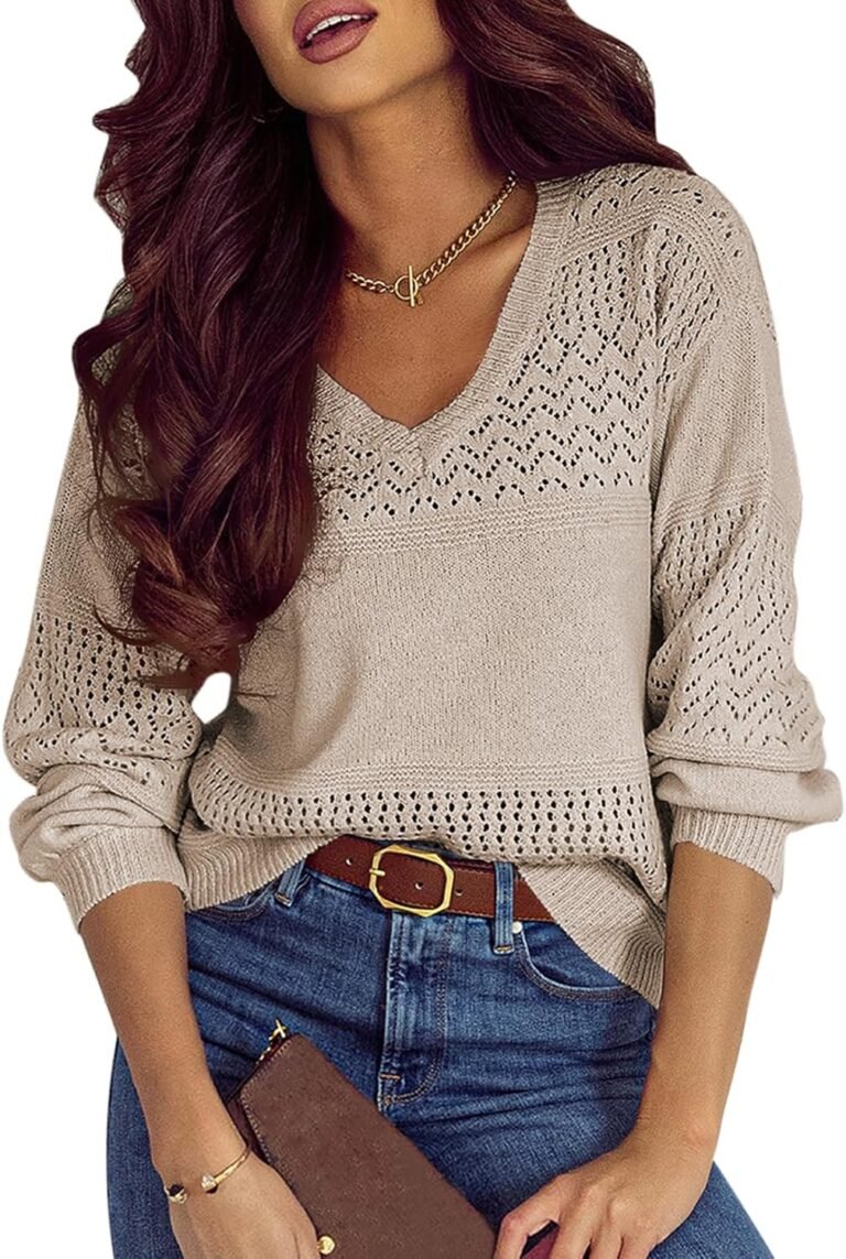 SHEWIN Women’s Sweaters Casual Long Sleeve V Neck Lightweight Crochet Pullover Sweater Tops