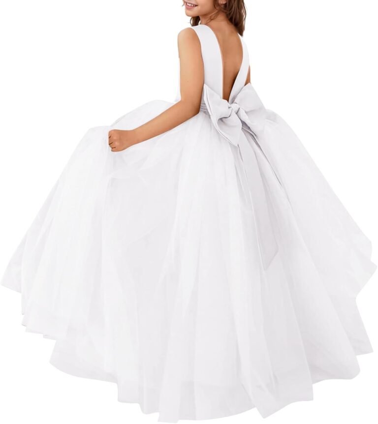 MCieloLuna Flower Girls Satin Tulle Princess Pageant Dress for Wedding Kids Pearls Prom Ball Gowns with Bow-Knot