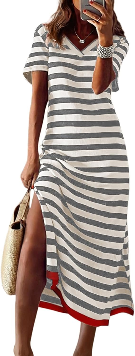 Dokotoo Summer Dress Casual Womens Fashion Short Sleeve Maxi Dress T Shirt Dress Striped Long Color Block Maxi Dress