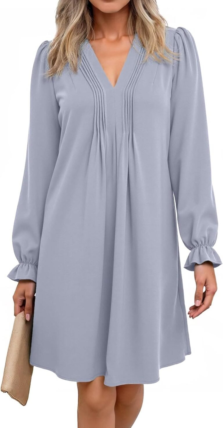 Dokotoo Womens Casual Dress A-Line Ruffle Sleeve V Neck Midi Dress 2025 Fashion Pleated Flowy Sundress Loose Shirt Dresses