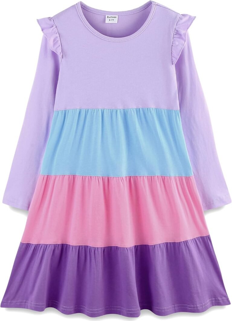 Bumeex Girl’s Dresses Cotton Ruffle Sleeve Tiered Swing A-Line Cute Midi Casual Sundress