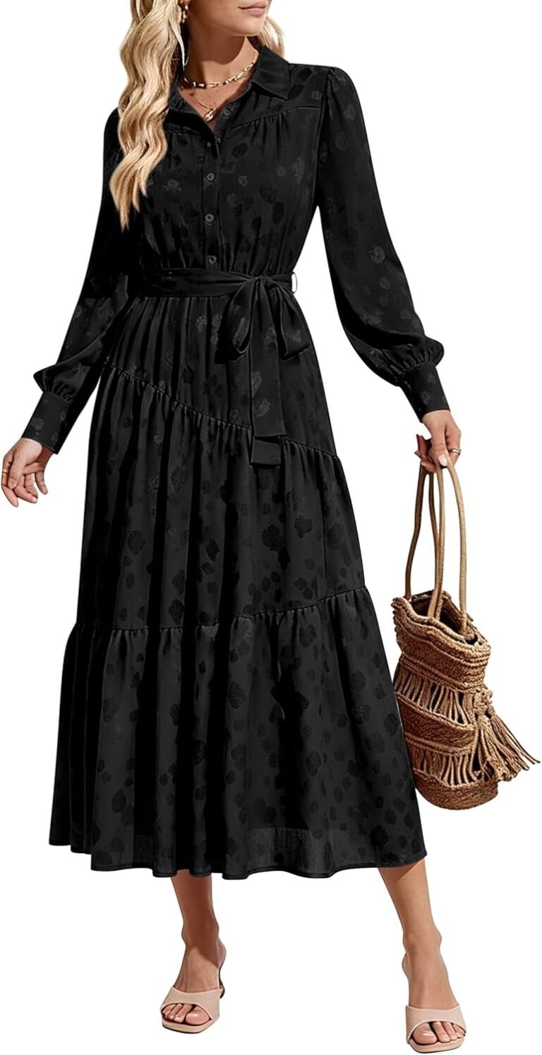 dowerme Women’s Casual Dresses 2025 Fall Fashion Long Sleeve Button Up Floral Print Belted Tiered Boho Maxi Party Dress