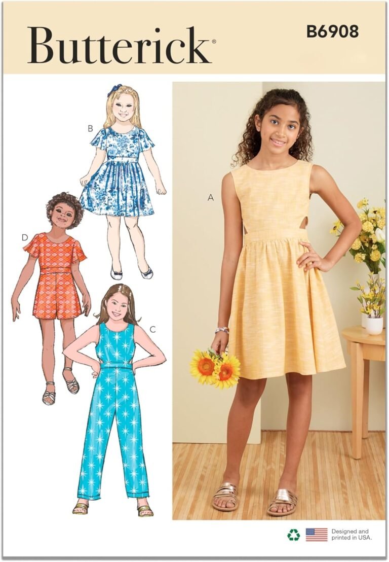 Butterick Easy to Make Girls’ Dress, Jumpsuit and Romper Sewing Pattern Packet, Design Code S9127, Sizes 7-8-10-12-14, Multicolor