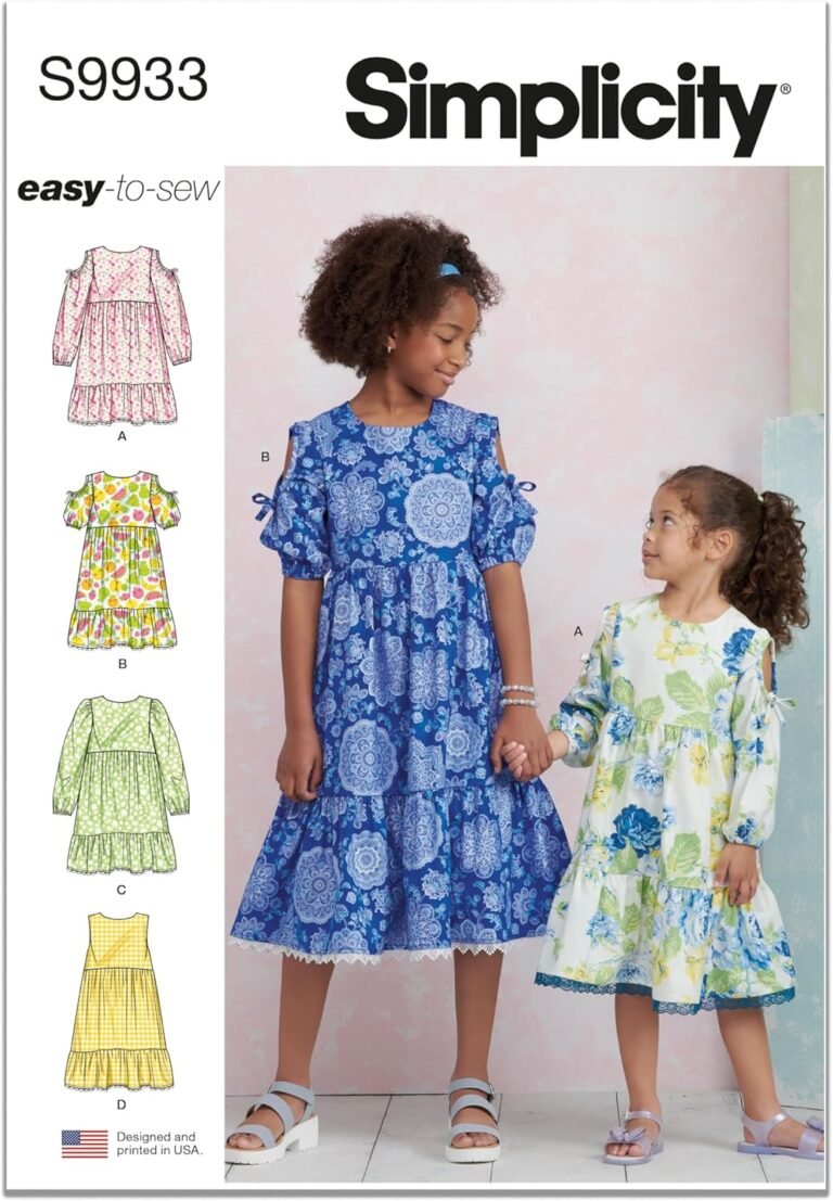 Simplicity Easy to Make Children’s and Girls’ Relaxed Fit Tiered Dress Sewing Pattern Packet, Design Code S9933, Sizes 7-8-10-12-14, Multicolor