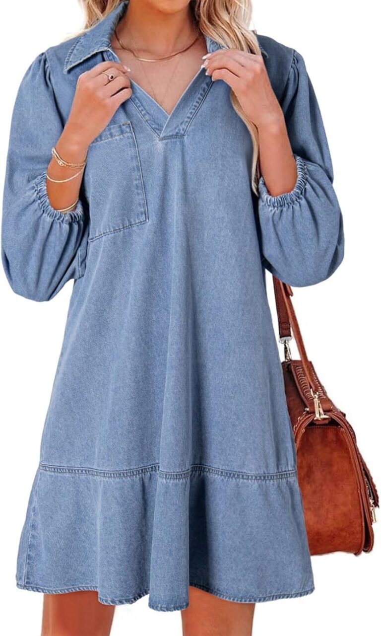 Dokotoo Denim Dress for Women Fashion Fall Casual Babydoll 2025 V Neck 3/4 Puff Sleeve Jean Dresses