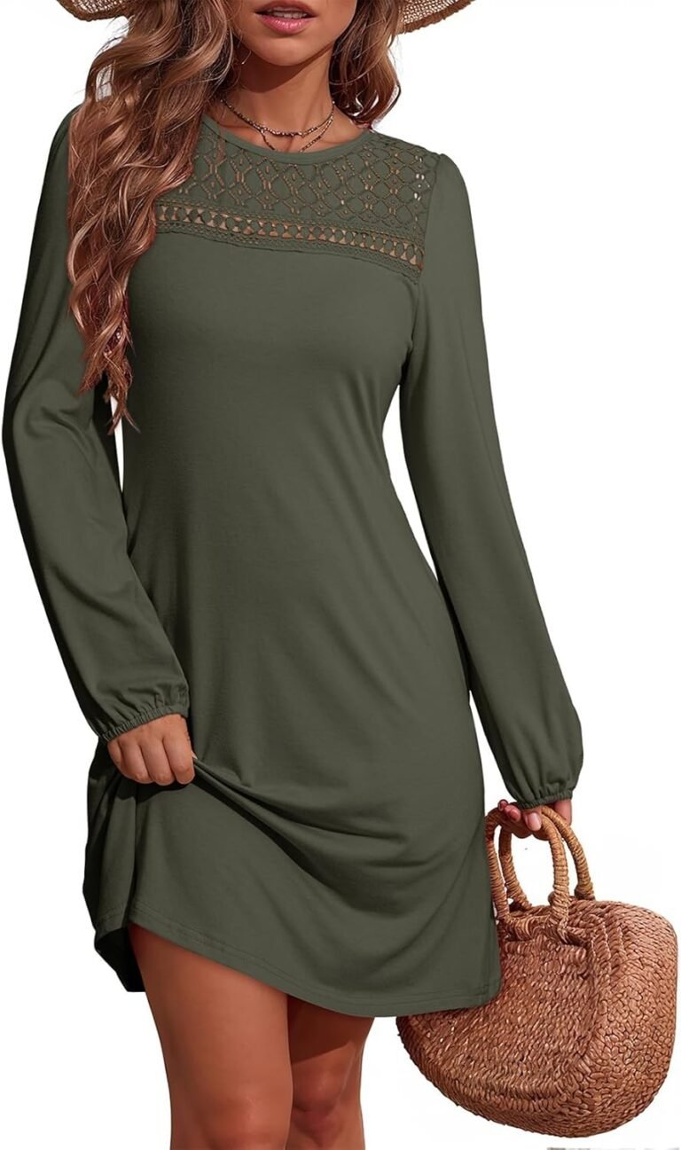 Dokotoo Fall Dresses for Women 2025 Crew Neck Long Sleeve A Line Shift Dress Solid Color Loose Fit Mini Dress