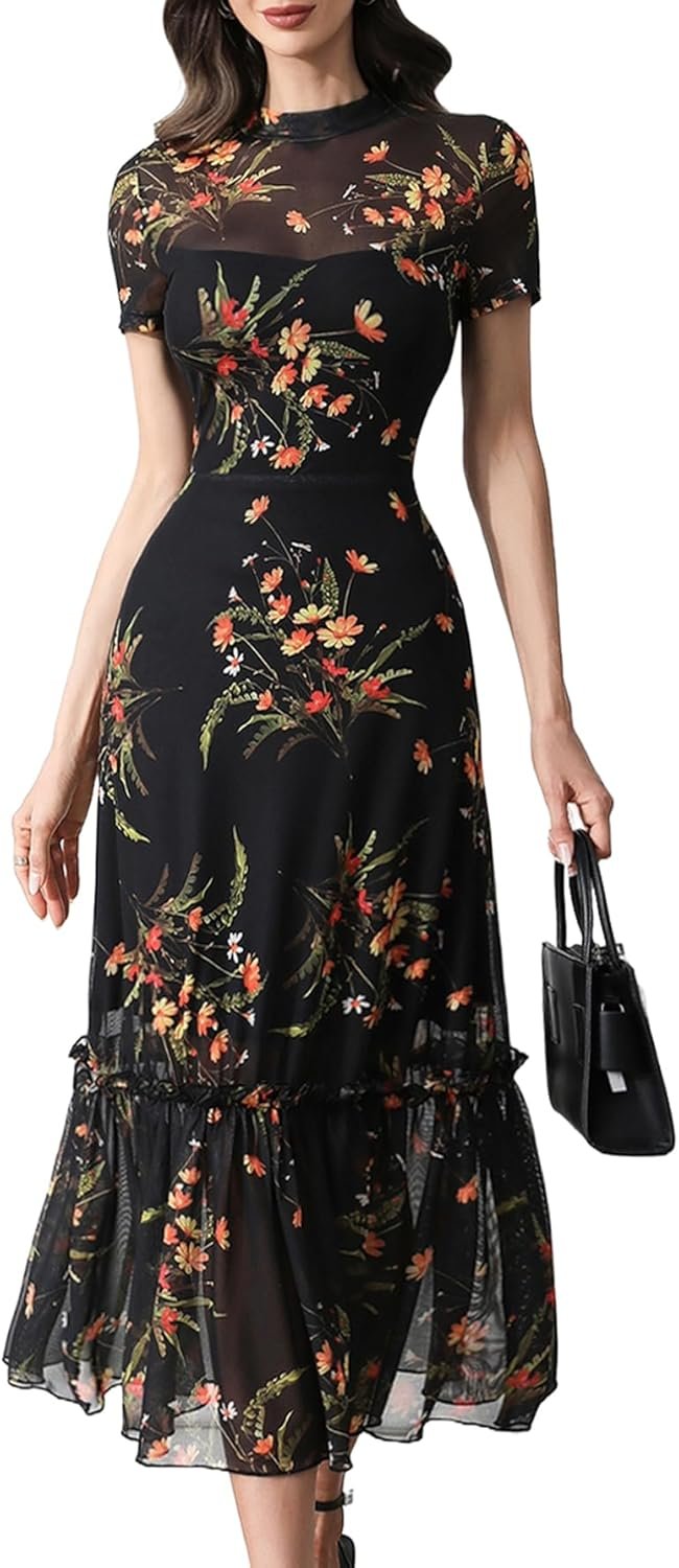 GothDark Women’s Summer Floral Mesh Ruffle Dress Short Sleeve Round Neck Waist Cinched Casual Maxi Wedding Guest Dresses