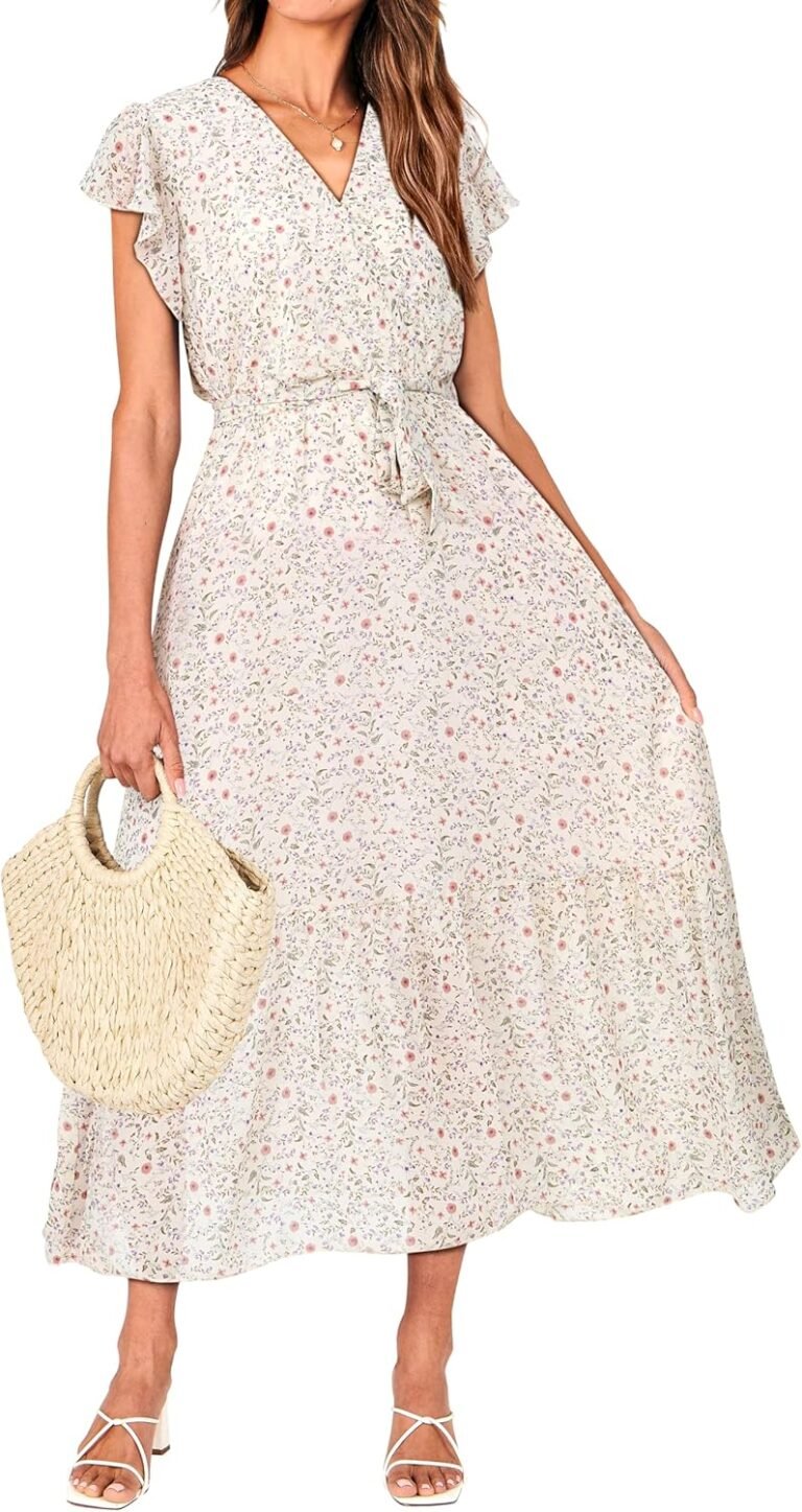BTFBM Women Summer Bohemian Floral Casual Wrap V Neck Ruffle Cap Sleeveless Belt A-Line Pleated Hem Midi Sun Dress White