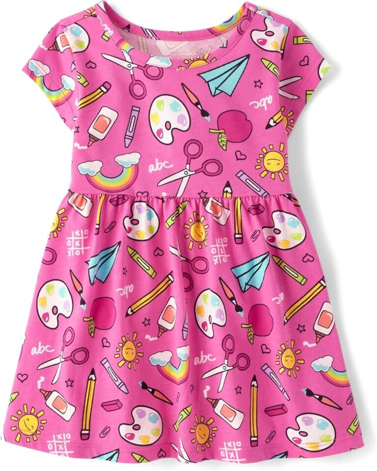 The Children’s Place,Baby-Girls,and Toddler Short Sleeve Everyday Dresses,Pink School Doodle,3 Years