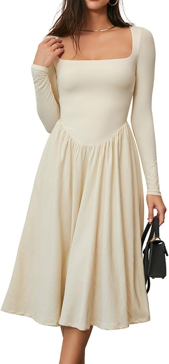 CHYRII Women Spring Fashion 2025 Square Neck Long Sleeve Casual A-Line Midi Dress